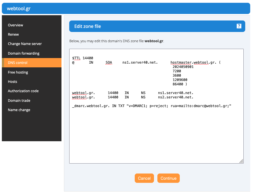 Add DMARC record to the DNS Zone File of the Domain Name and save the changes