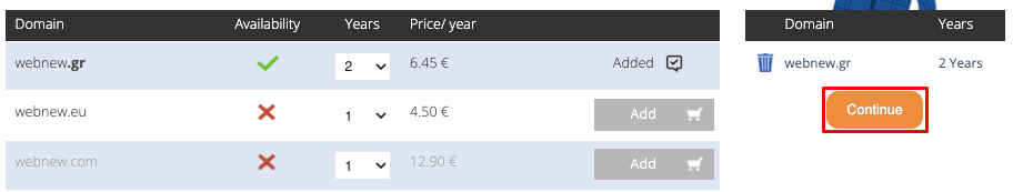 Add domain to cart - Continue