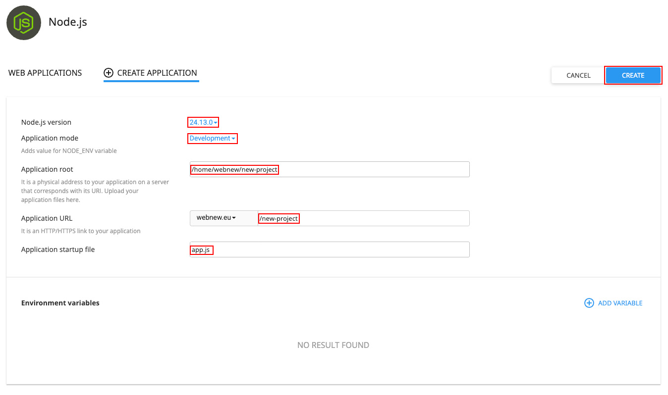 Ολοκλήρωσης δημιουργία νέας Node.js εφαρμογής στο cPanel