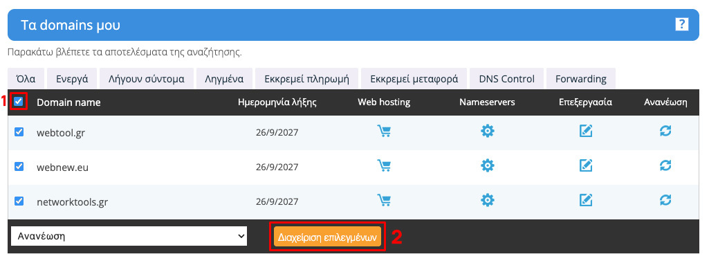 Μαζική ανανέωση πολλαπλών domains στην IP.GR