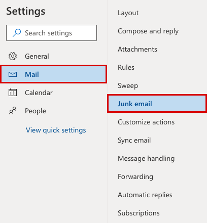 Junk email settings